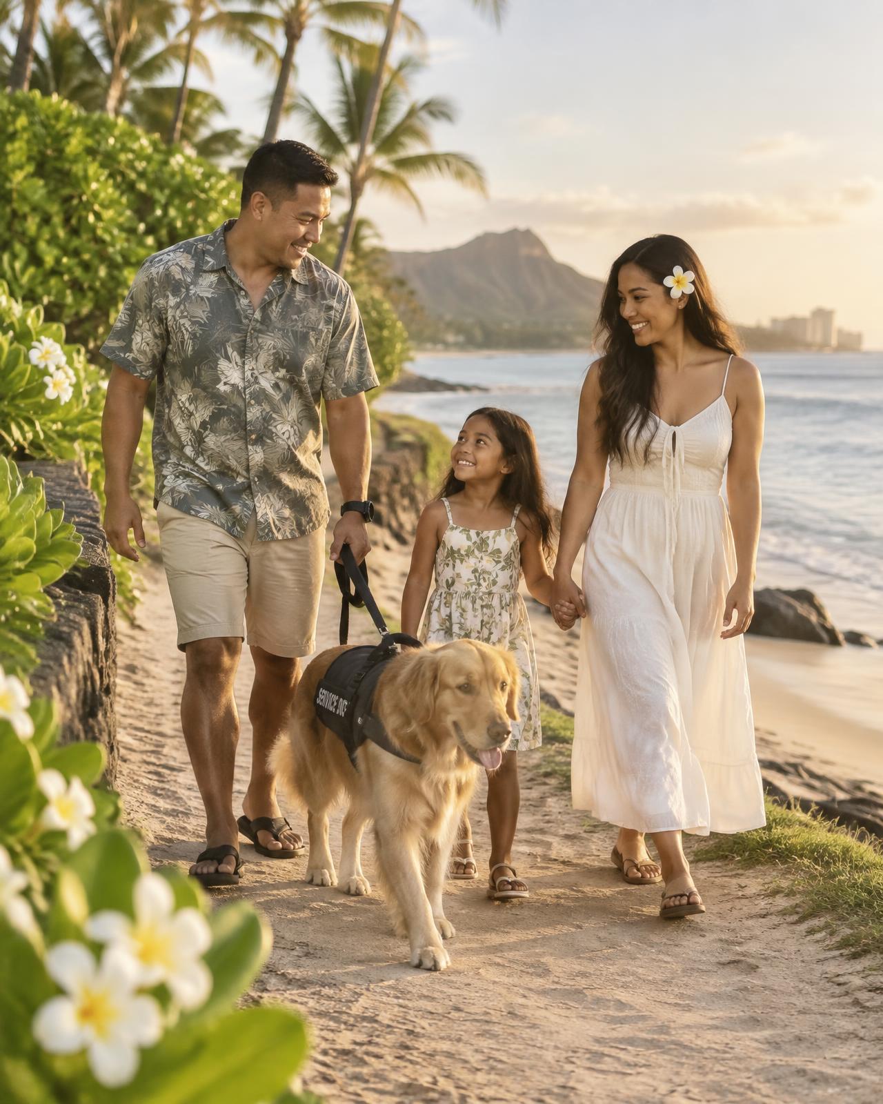A family walking with their service dog along a Hawaiian beach path